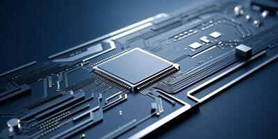 Detail of a modern microchip surrounded by intricate circuit patterns in a sleek technology environment photo