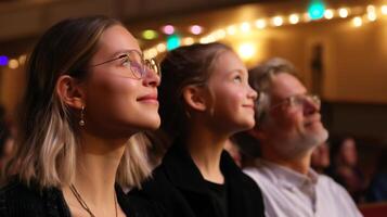 Audience members enjoy a performance in a well-lit theater during an evening event in a cozy atmosphere photo
