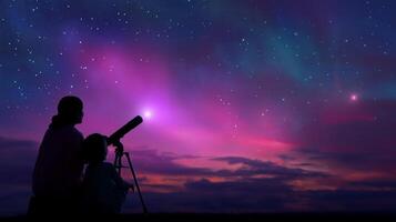 Star gazing activity under a vibrant night sky with planets visible and a telescope set up on the shore photo