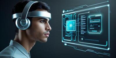 Man using advanced technology headset while interacting with digital interface in a futuristic setting photo