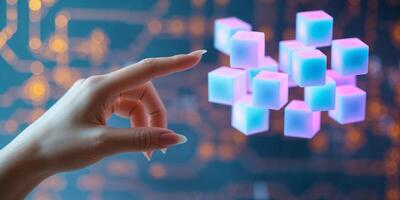 Exploration of virtual technology with hand interacting with glowing cubes in a digital environment photo