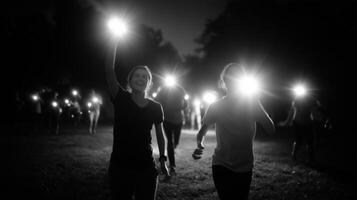 Participants engage in a nighttime hiking event with flashlights illuminating their way through the dark forest photo