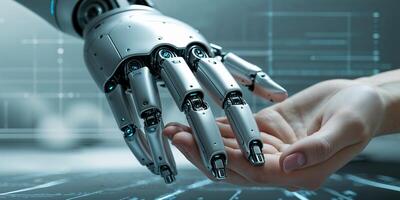 Interaction between human hand and robotic hand showcasing advancements in technology and innovation in a futuristic environment photo