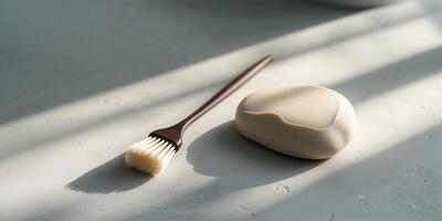 Minimalist styling with brush and smooth stone on modern surface during daylight photo