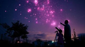 Parent and child stargazing with telescope in the evening sky filled with stars and colorful clouds photo