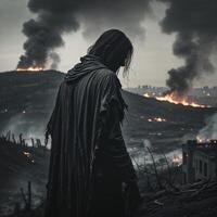 Survivor reflecting amidst a landscape of destruction and flames in a post-apocalyptic setting photo