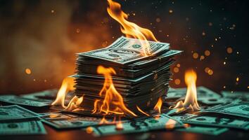 Flames engulf a stack of cash in an intense display representing financial loss and destruction photo