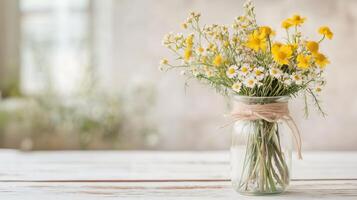 Bright wildflowers arranged in a mason jar on a wooden table in a bright, inviting kitchen setting photo