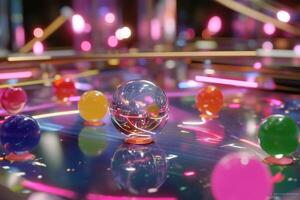 Colorful glass spheres reflect lights in a vibrant arcade setting during an evening gathering photo