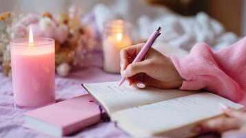Writing in a cozy space while candles illuminate the warm atmosphere with soft light during a peaceful evening photo
