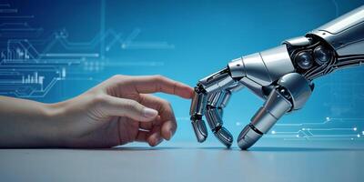 Human and robot hands connect symbolizing collaboration in technology and innovation at a digital workspace photo