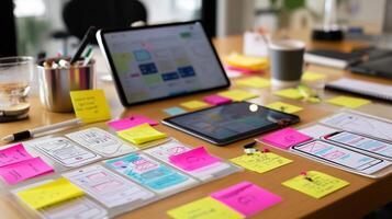 Creative brainstorming session with sticky notes and digital sketches in a modern workspace environment photo