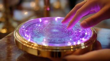 Touching the illuminated astrology device at a mystical fair during the evening hours photo