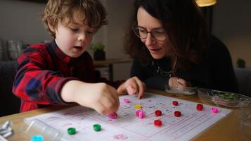 Engaging family activity with a child exploring colorful board game pieces at home in the afternoon photo
