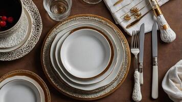 Elegant table setting featuring fine china and cutlery on a rustic wooden surface for a formal dining occasion photo