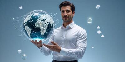 Businessman holding a digital globe in a futuristic setting with technology elements around him photo