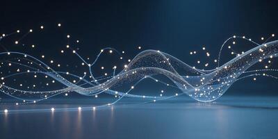 Flowing abstract light waves with luminous particles in a dark background creating an ethereal atmosphere at night photo