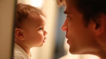 Father engages in playful interaction with baby during evening bonding time at home photo
