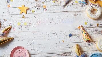 Celebration decorations on a table with colorful confetti and party hats at a festive gathering photo