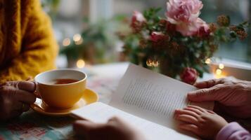 Warm gathering with tea and storytelling on a cozy afternoon in a floral setting photo