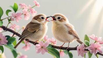 Cute birds share heart-shaped food while perched on a blooming branch in springtime photo