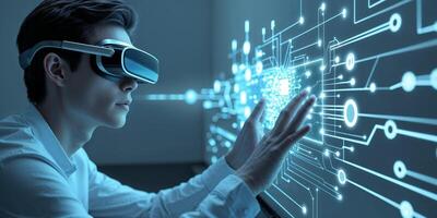 Engaging in virtual reality exploration with advanced technology in a modern workspace setting photo