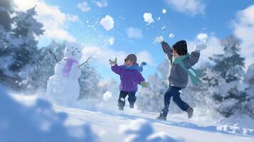 Children play in snow, building snowman on a sunny winter day in a forest photo