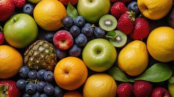 Colorful display of fresh fruits arranged in a vibrant pattern showcasing various types and colors of produce photo