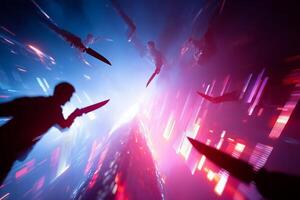 Dynamic action scene with figures wielding knives in a futuristic urban environment at night photo