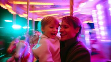 Father and child enjoy a joyful carousel ride at a colorful amusement park during the evening photo