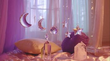 Decorative crystals and celestial shapes hanging in a cozy, softly lit room with pillows and flowing curtains photo
