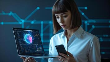 Business professional analyzes data on a laptop while using a smartphone in a modern office environment during the evening photo