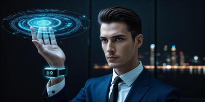 Modern man showcases futuristic technology while standing at a night skyline in a sleek suit with a glowing holographic display photo