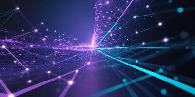 Digital visualization of interconnected networks with flowing light patterns in purple and blue tones photo