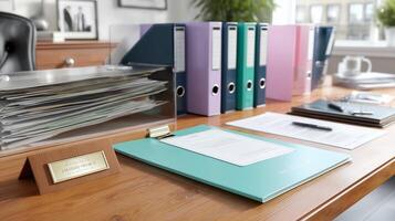 Office workspace with organized documents, colorful binders, and a clear workspace during daylight hours photo