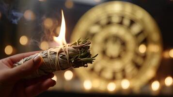 Smoky ritual with burning sage in front of a glowing decorative backdrop during a serene evening atmosphere photo