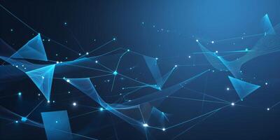 Abstract digital network with blue geometric shapes and glowing nodes in a dark background photo