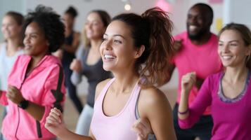 Group of young adults enjoying a fitness class indoors during a vibrant group workout session photo