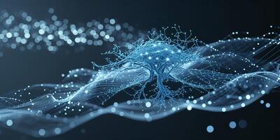 Futuristic digital tree structure illuminated by blue lights against a dark background showcasing abstract technology photo