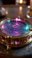 Unique vintage astrolabe rests on a polished table reflecting colorful light during an evening gathering photo