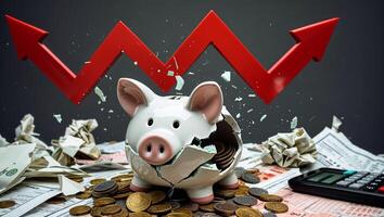 Broken piggy bank surrounded by scattered coins and financial documents with rising graph in the background photo