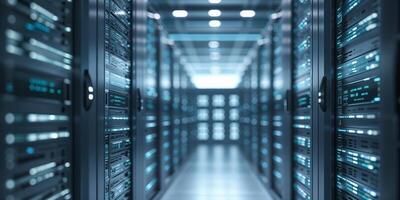 Server room with rows of network equipment and glowing components in a modern data center photo