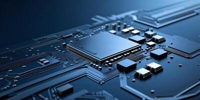 Close-up view of a high-tech computer motherboard with intricate circuitry under blue lighting photo
