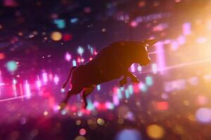 Bull leaps through vibrant market data visualizations, symbolizing financial growth and optimism in trading photo