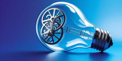 Creative light bulb design showcasing intricate gears inside against a blue background representing innovation and technology photo