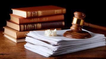 Legal materials with a gavel and crumpled paper on a wooden table in a dimly lit setting photo