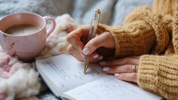 Cozy afternoon writing in a notebook with a warm drink on a soft blanket photo