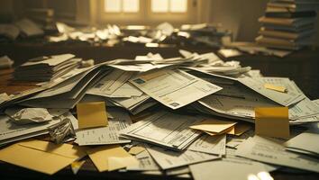 Messy stack of paperwork accumulates on desk in a cluttered office environment during late afternoon light photo