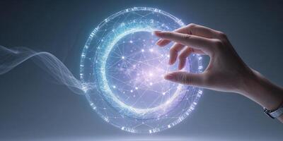 Hand reaching towards a glowing digital sphere representing innovation and technology during a conceptual art event photo