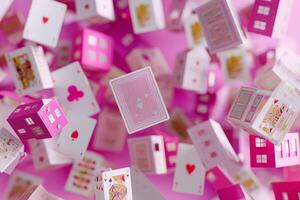 Colorful card-themed decorations float in the air, creating a whimsical display in a playful atmosphere photo